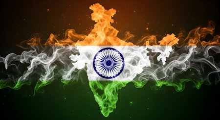 A Indian independence day map of india with tricolor smoke effect and ashoka chakra design for...