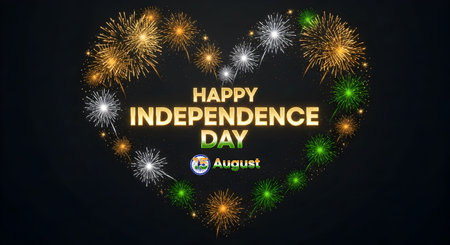 A Indian independence day fireworks celebration heart shape design with tricolor lights and ashoka...