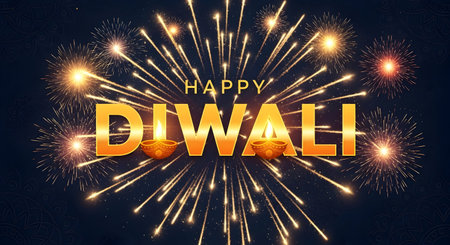 A Happy Diwali golden text with oil lamps and bright fireworks on dark night sky background for Indian festival celebration and greeting card design illustration conceptの写真素材