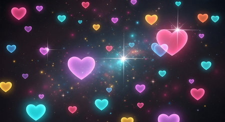 A Abstract digital artwork with multiple colorful glowing hearts floating in dark starry cosmic space background creating vibrant romantic fantasy visual design for celebration and creative useの写真素材
