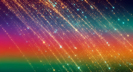 A Abstract digital background with colorful light streaks and glowing spark particles creating...