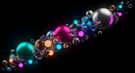 A Abstract digital background with vibrant spheres floating in dark space colorful glossy shapes...