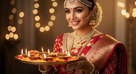 A Beautiful Indian woman wearing traditional red saree with jewelry smiling and holding decorated...