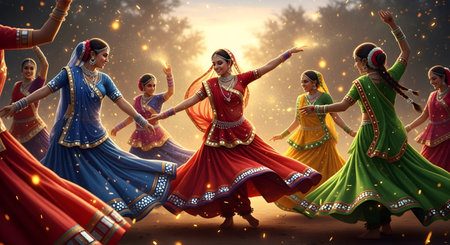 A Group of happy Indian women performing traditional dance in colorful dress during Navratri Durga...