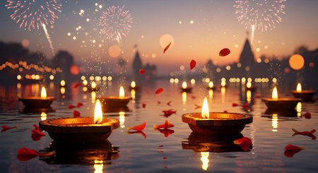 A Happy Diwali festival celebration with glowing diya lamps floating on river water with rose petals fireworks temple lights spiritual indian hindu culture heritage evening background suitableの写真素材
