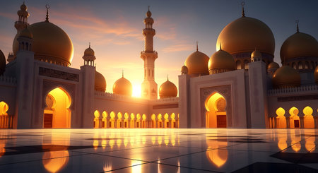 A Beautiful mosque with golden domes and tall minarets illuminated by sunset light reflecting on marble courtyard symbolizing islamic culture faith and devotion during eid mubarak ramadan eid e miladの写真素材