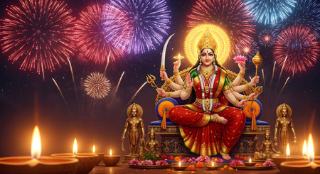 A Beautiful digital illustration of Goddess Durga sitting on golden throne with multiple arms...