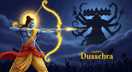 A Happy Dussehra Vijayadashami festival artwork showing divine Lord Ram aiming golden arrow with bow towards Ravana silhouette symbolizing victory of good over evil celebration spirituality traditionの写真素材