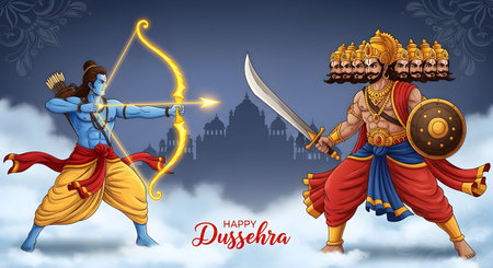 A Epic illustration of Lord Ram aiming arrow at demon king Ravana during Dussehra festival Vijayadashami celebration cultural heritage Ramayana mythology Indian traditionの写真素材