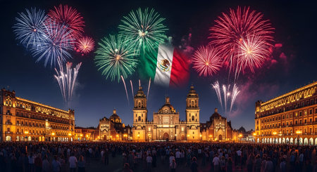 A Mexico independence day night celebration with colorful fireworks over historic city square cathedral and national flag patriotic festive culture pride unity tradition heritage concept artworkの写真素材