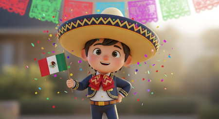 A Mexico independence day celebration concept cute mexican boy cartoon character wearing traditional sombrero holding national flag with colorful confetti fiesta background patriotic culture artの写真素材