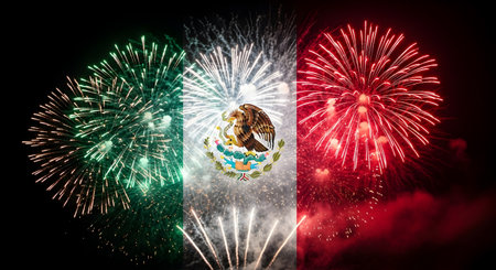A Mexico independence day celebration concept mexican national flag with colorful fireworks on night sky background symbol of pride liberty freedom culture patriotic holiday historic festivalの写真素材
