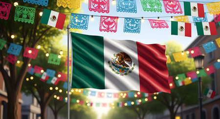 A Mexico independence day celebration with national flag waving in the air surrounded by colorful papel picado decorations street festive lights patriotic holiday culture heritage symbol freedom conceptの写真素材