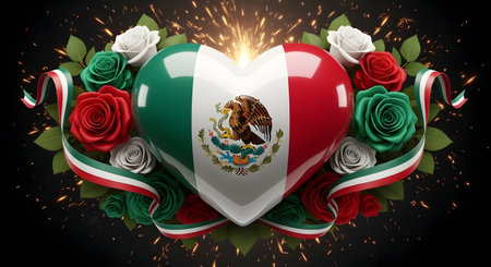 A Mexico independence day celebration heart with national flag colors red green white surrounded by roses ribbon fireworks patriotic culture pride heritage festival conceptの写真素材