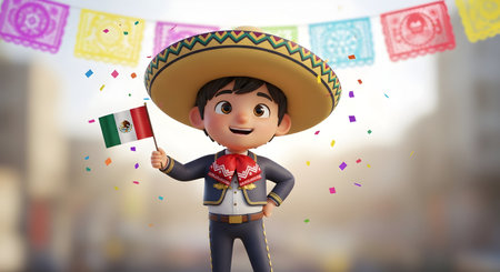 A Mexico independence day celebration concept cute mexican boy cartoon character wearing traditional sombrero holding national flag with colorful confetti fiesta background patriotic culture artの写真素材
