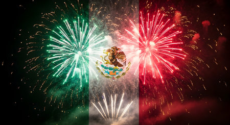 A Mexico independence day celebration concept mexican national flag with colorful fireworks on night sky background symbol of pride liberty freedom culture patriotic holiday historic festivalの写真素材