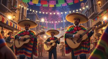 A Mexico independence day celebration with mariachi musicians playing guitar wearing traditional sombrero and colorful poncho festive street decorated with lights fireworks culture heritage fiestaの写真素材