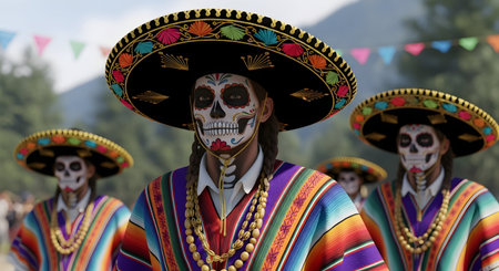 A Mexico independence day celebration with traditional sugar skull face paint colorful sombrero costumes vibrant poncho clothing cultural heritage parade artistic festival concept illustrationの写真素材