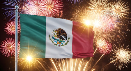 A Mexico independence day celebration with waving national flag and colorful fireworks background patriotic festival event illustration symbol of freedom pride culture heritageの写真素材