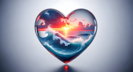 A Beautiful heart shaped glass design with ocean wave and sunset clouds inside symbol of love romance fantasy imagination holiday background dreamy nature artの写真素材