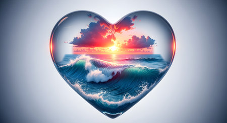 A Beautiful heart shaped glass design with ocean wave and sunset clouds inside symbol of love romance fantasy imagination holiday background dreamy nature artの写真素材