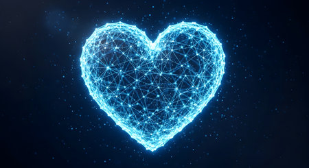 A Futuristic glowing blue heart made of digital network connections and shining particles on dark background for technology science romance innovation design illustrationの写真素材