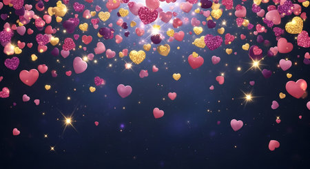 A Romantic love celebration background with sparkling glitter hearts and shining star light effect concept for valentine day wedding party holiday festival greeting card decoration illustrationの写真素材