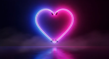 A Glowing neon heart shape with blue and pink light effect on dark background symbolizing love romance celebration modern art abstract futuristic design for creative conceptの写真素材