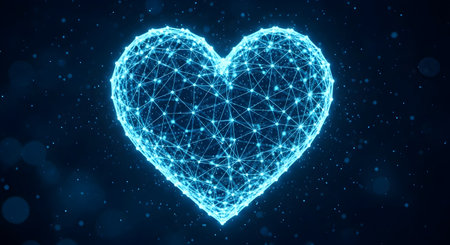 A Futuristic glowing blue heart made of digital network connections and shining particles on dark background for technology science romance innovation design illustrationの写真素材