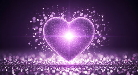 A Glowing sparkling purple heart with shining light and glitter particles on dark background for romantic celebration love decoration abstract festival design illustrationの写真素材