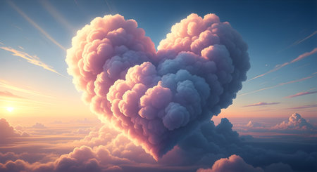 A Beautiful fluffy cloud shaped like heart floating in colorful sky with sunlight and soft horizon during sunset romantic dreamy atmosphere symbol of love hope peace valentine background inspirationの写真素材