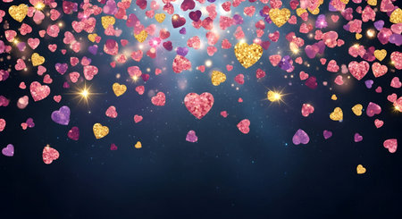 A Romantic love celebration background with sparkling glitter hearts and shining star light effect...