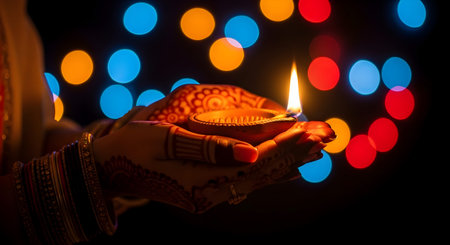 A Traditional indian woman hands decorated with mehndi holding diya with flame during diwali...