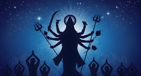A Creative illustration of goddess durga silhouette with multiple hands holding weapons under night...