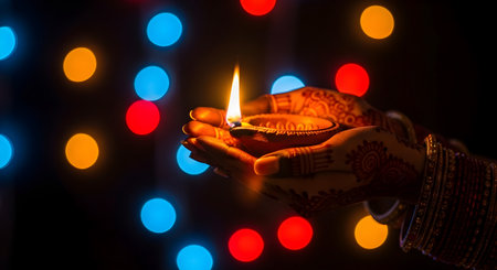 A Traditional indian woman hands decorated with mehndi holding diya with flame during diwali navratri durga puja dussehra festival celebration in gujarat showing hindu culture devotion and lightの写真素材