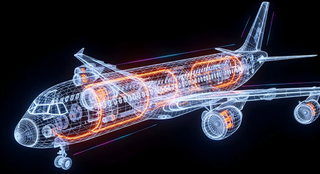 A Airplane wireframe digital illustration aircraft technology engine turbine aviation transport flight science innovation design engineering research future concept visualizationの写真素材