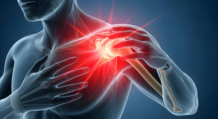 A Human shoulder joint anatomy illustration showing muscle inflammation and pain with red glowing effect highlighting medical discomfort and musculoskeletal disorderの写真素材