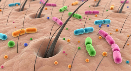 A Detailed 3d illustration of bacteria and virus on human skin surface with hair follicles showing...