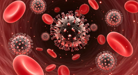 A 3d medical illustration of virus particle attacking red blood cells inside artery showing infection disease epidemic pandemic biology anatomy healthcare science concept suitable for pharmaceuticalの写真素材