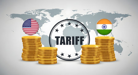 A India and America tariff illustration with golden coins and national flags concept of trade imports exports duties sanctions economy protectionism business finance market conflict newsの写真素材