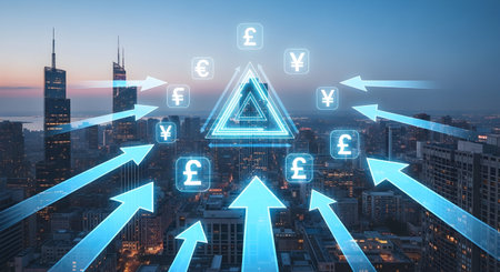 A Digital finance technology concept with global currency exchange symbols and futuristic arrows showing economic growth trade tariffs duties sanctions and market pressure between India America and USAの写真素材