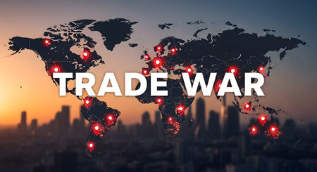 A Global economy dispute concept with world map and trade war theme showing impact of tariffs imports exports duties sanctions between India America and USA in international marketの写真素材