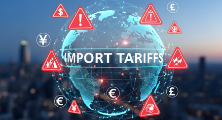 A Global financial crisis concept with import tariffs warning signs around digital world map showing trade duties sanctions currency impact and economic pressure between India America and USAの写真素材