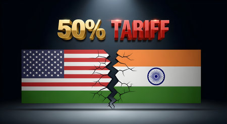 A India America trade conflict tariff dispute economic sanctions import export duties business war protectionism market economy pressure government policy financeの写真素材