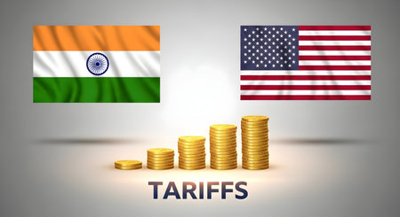 A India America tariffs trade imports exports economic duties sanctions protectionism global market finance currency policy business economy growth inflation recession government investment regulationの写真素材