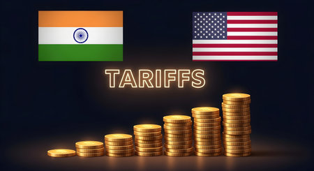 A India America tariff dispute trade conflict economic sanctions import export duties rising costs protectionism policy government finance economy global market growth businessの写真素材