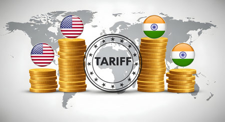 A India and America tariff illustration with golden coins and national flags concept of trade imports exports duties sanctions economy protectionism business finance market conflict newsの写真素材
