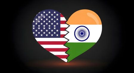 A India and America conflict illustration showing broken heart with national flags concept of trade tariffs imports exports duties sanctions oil economy news war protectionism relationship crisisの写真素材
