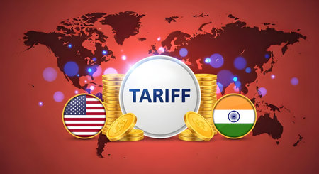 A India and America tariff dispute illustration with golden coins and national flags concept of trade imports exports duties sanctions economy politics government protection newsの写真素材