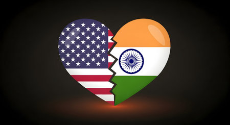 A India and America conflict illustration showing broken heart with national flags concept of trade tariffs imports exports duties sanctions oil economy news war protectionism relationship crisisの写真素材